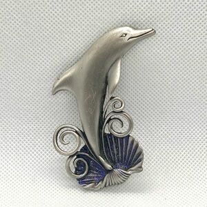 Vtg JJ Jonette Jewelry Jumping DOLPHIN Purple Glitter Shell Pewter Brooch Pin 3”